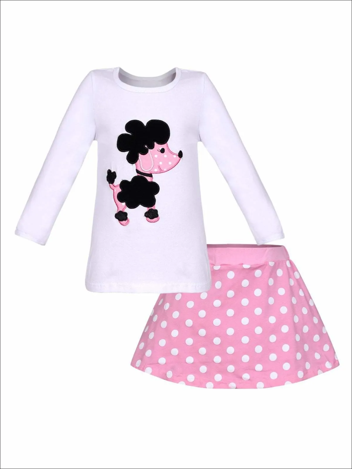 Girls White Long Sleeve Doggy Top And Pink Polka Dot Skirt Set