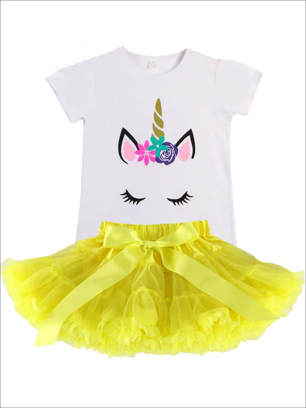 Girls White Unicorn Tee And Ruffled Tutu Bow Skirt Set