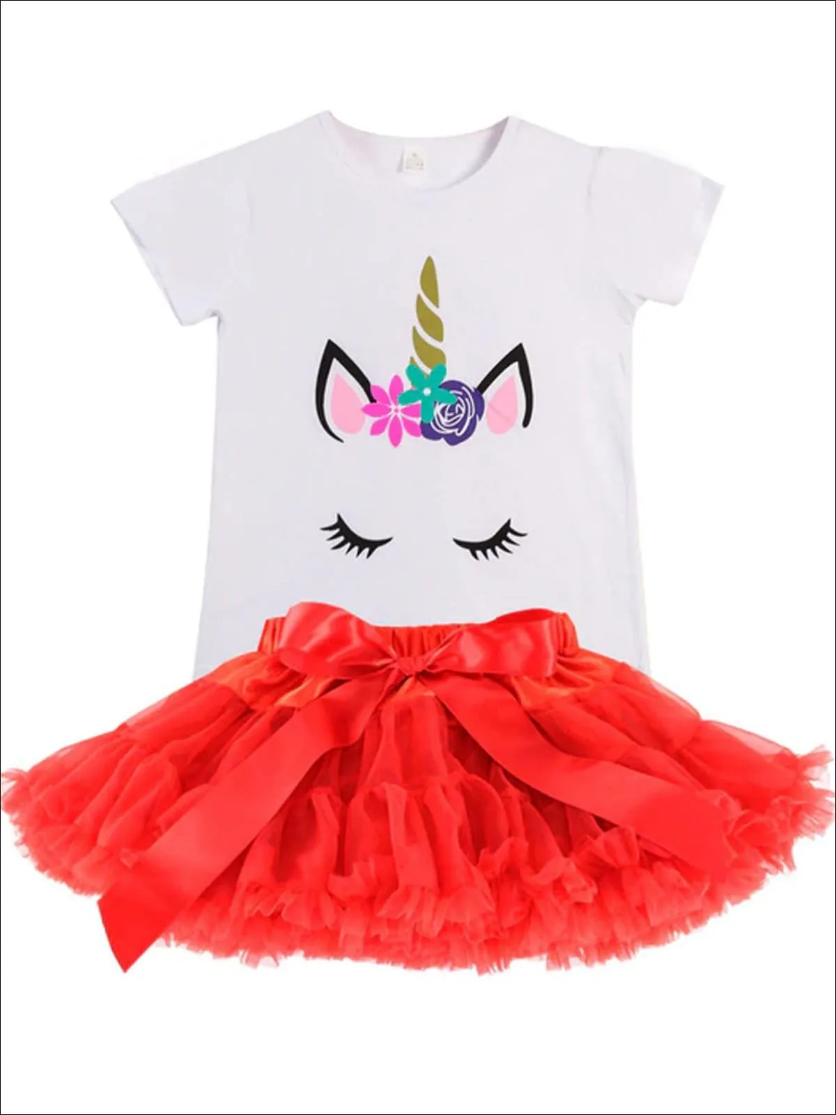 Girls White Unicorn Tee And Ruffled Tutu Bow Skirt Set