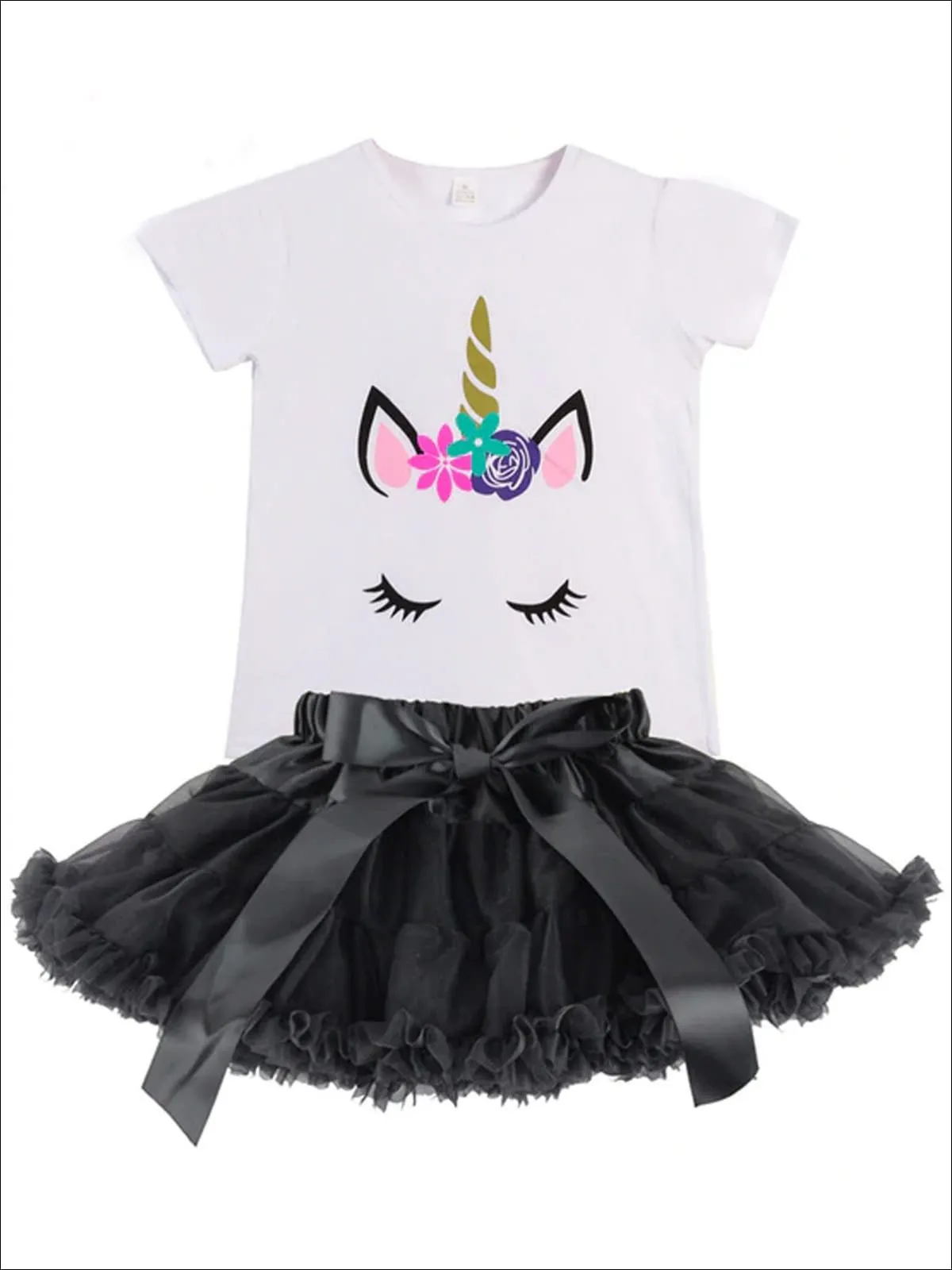 Girls White Unicorn Tee And Ruffled Tutu Bow Skirt Set