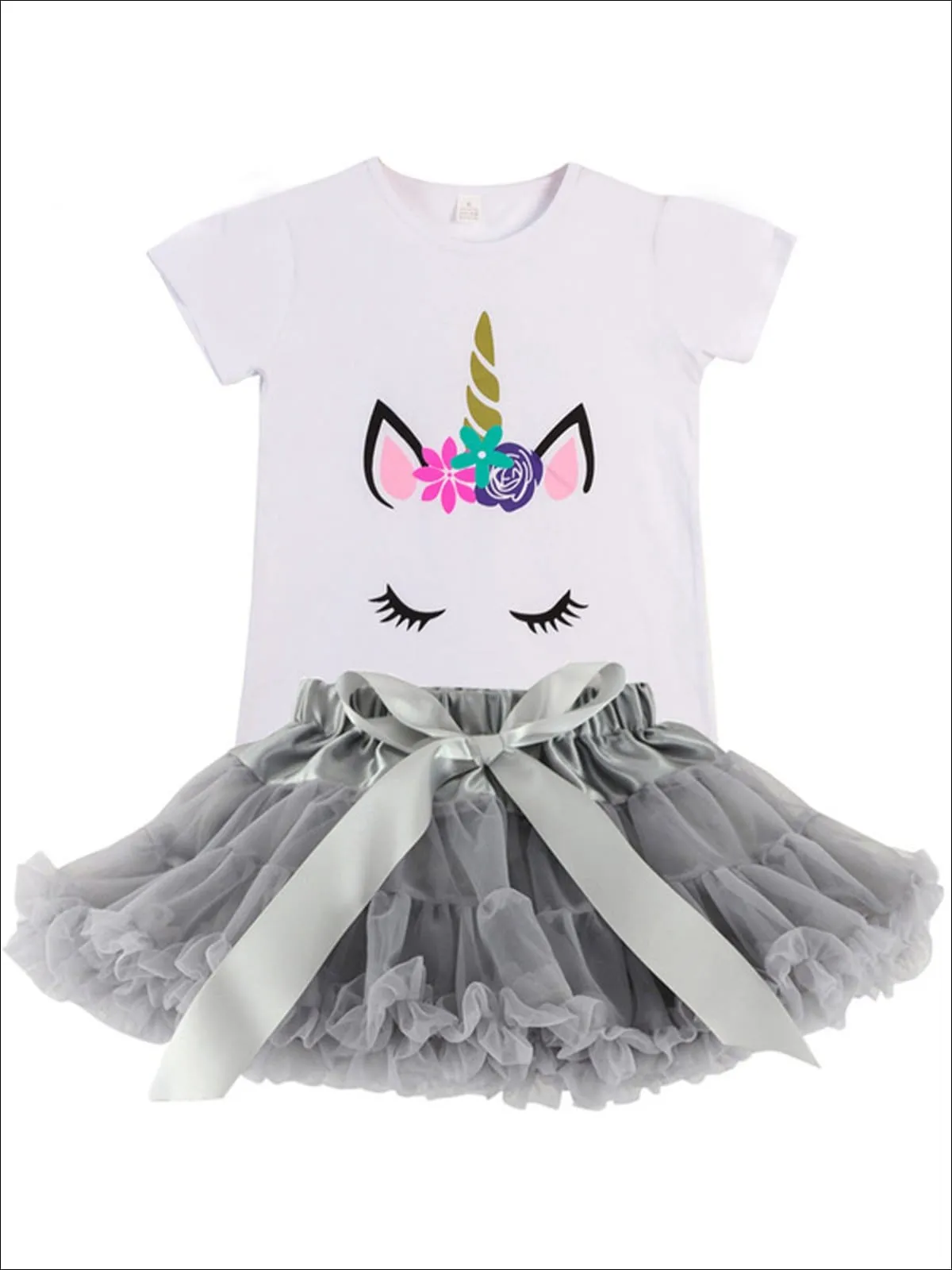 Girls White Unicorn Tee And Ruffled Tutu Bow Skirt Set