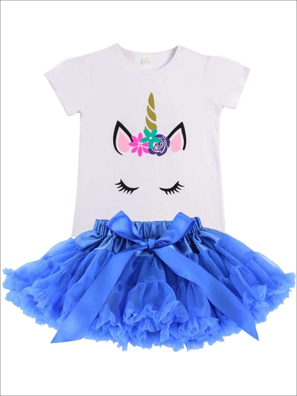 Girls White Unicorn Tee And Ruffled Tutu Bow Skirt Set