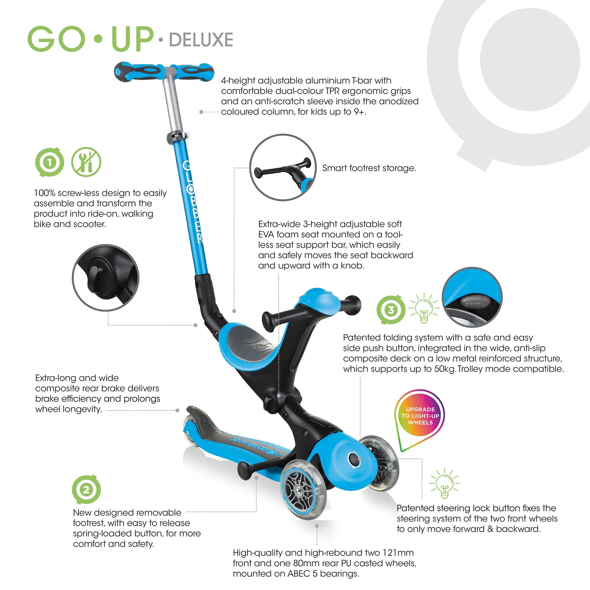 Globber Go Up Deluxe Lights - Sky Blue (15m - 9y)