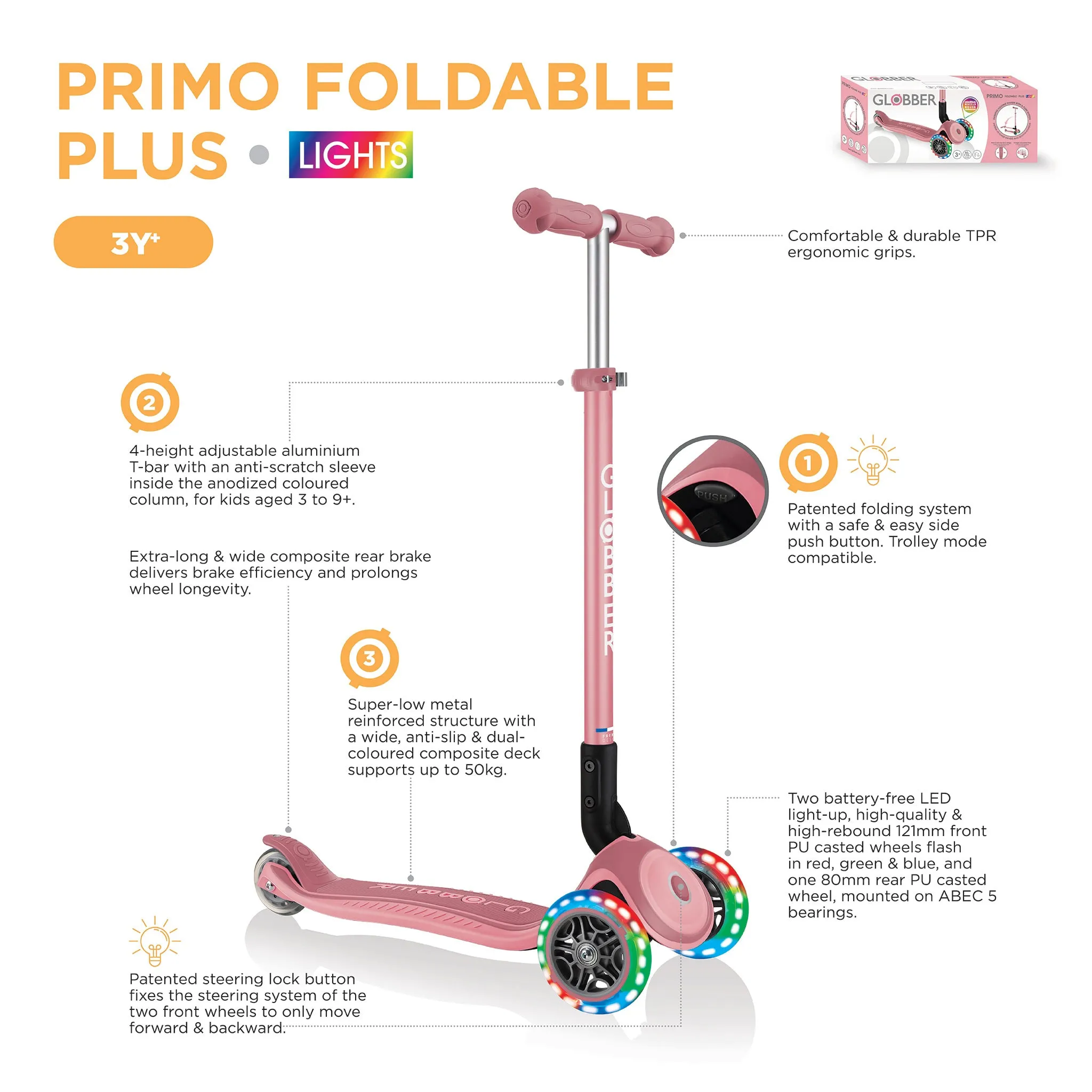 Globber Primo Foldable Plus Lights - Mint (3y - 9y)