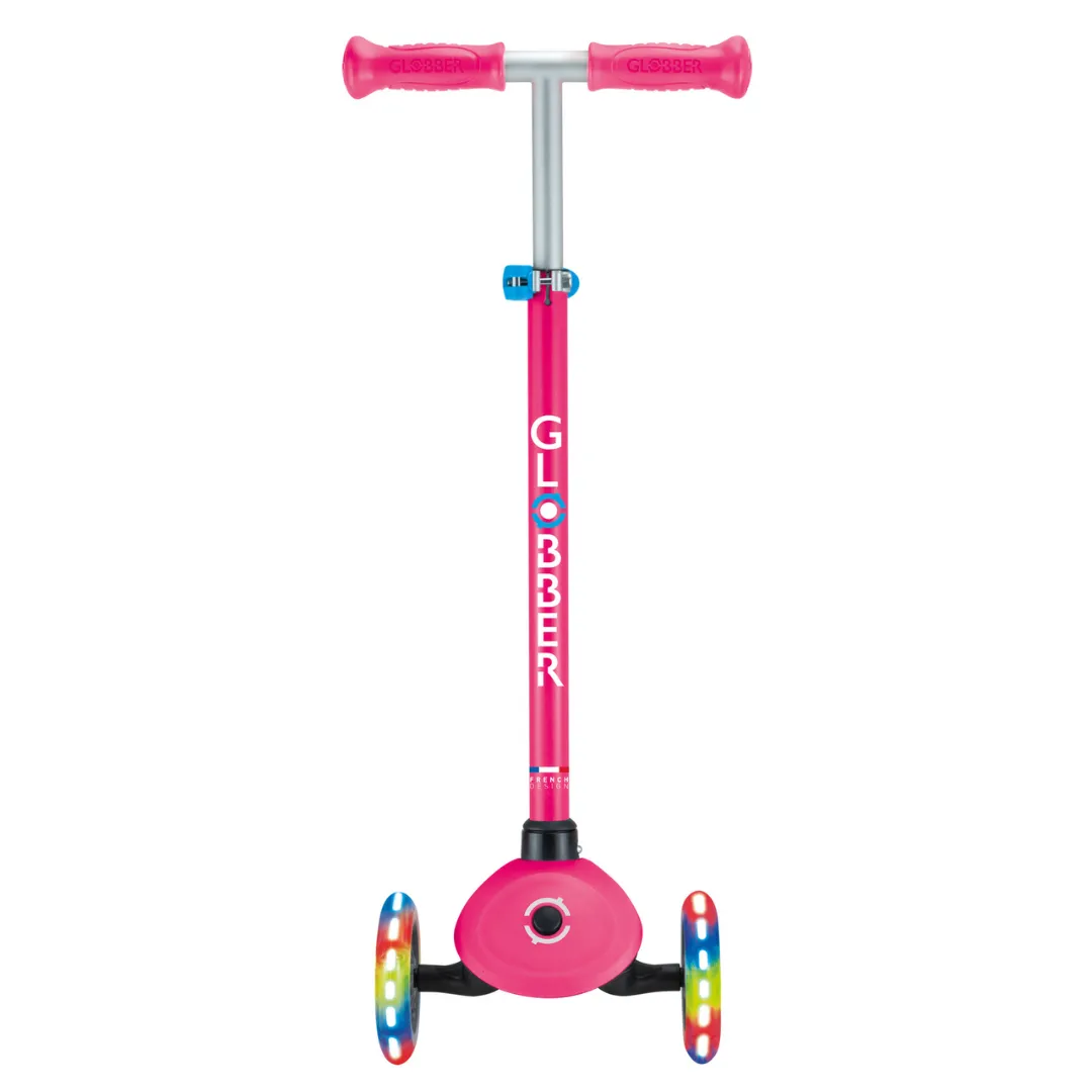 Globber Primo V2 scooter with Lights and Grip tape - Fuchsia/ Sky Blue