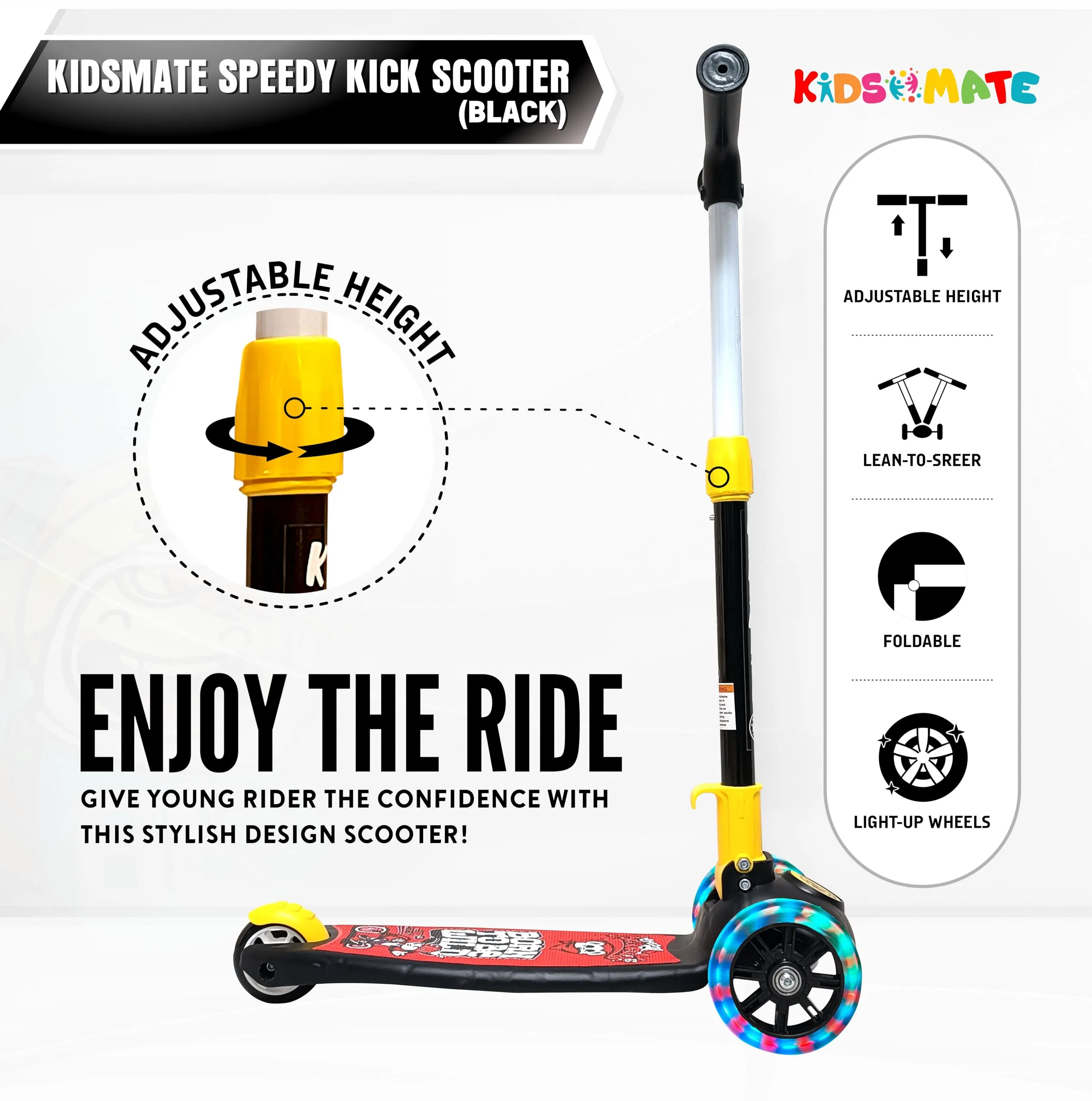 Kidsmate Speedy Kick Scooter for Kids (ISI Certified) with LED Wheel Lights, Height Adjustable Handlebar & Foldable Design & Rear Brakes for Kids of Age 3  Years (Black)