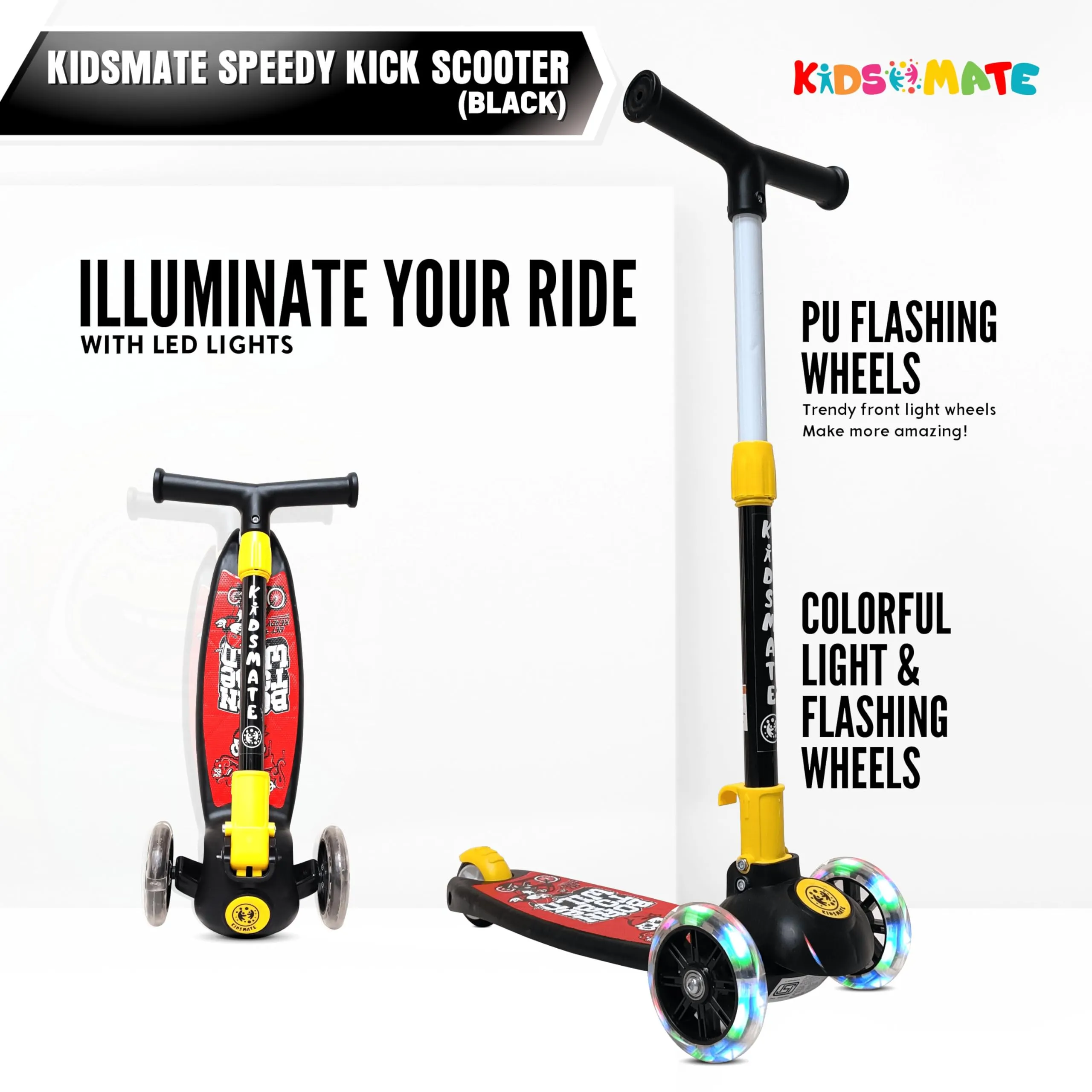 Kidsmate Speedy Kick Scooter for Kids (ISI Certified) with LED Wheel Lights, Height Adjustable Handlebar & Foldable Design & Rear Brakes for Kids of Age 3  Years (Black)