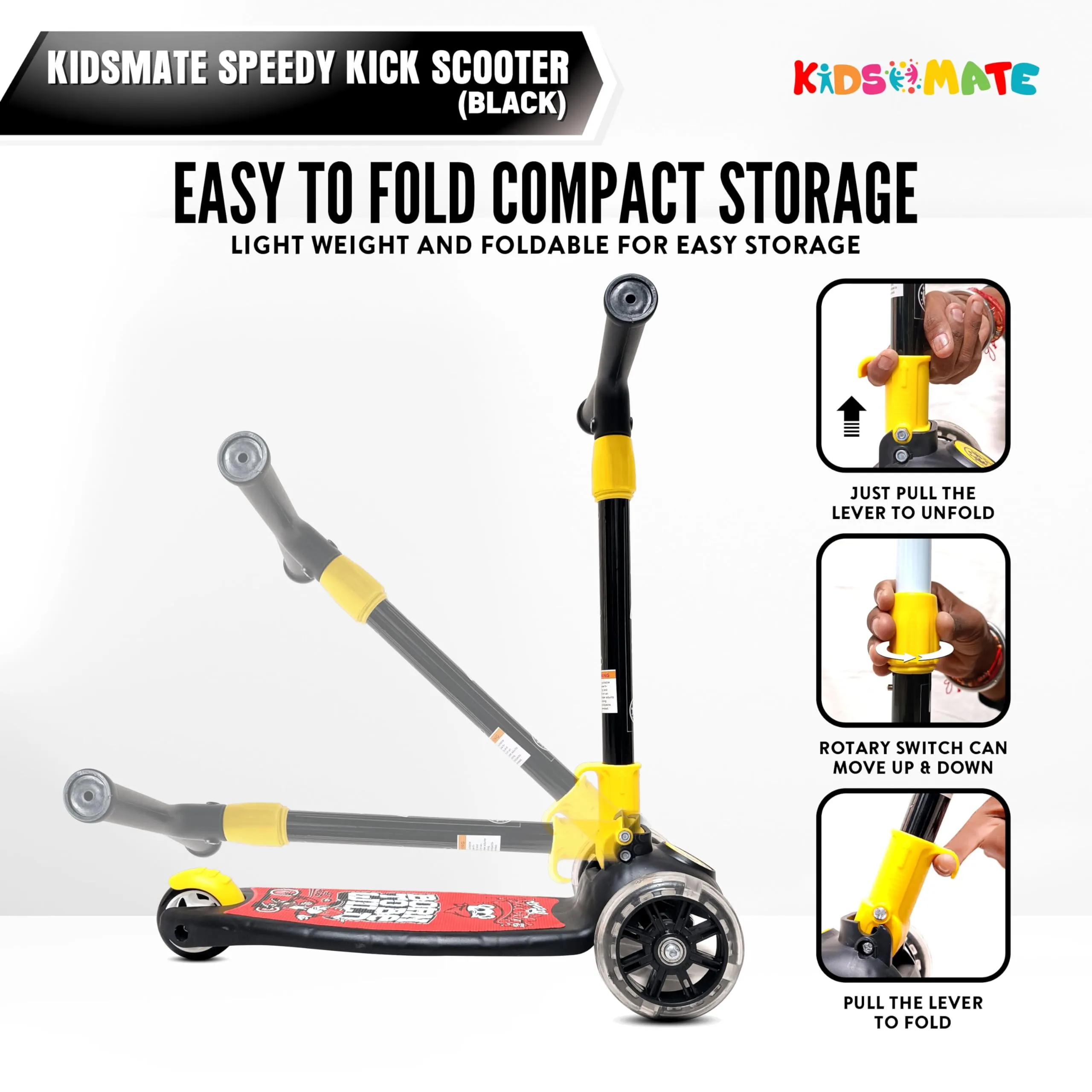 Kidsmate Speedy Kick Scooter for Kids (ISI Certified) with LED Wheel Lights, Height Adjustable Handlebar & Foldable Design & Rear Brakes for Kids of Age 3  Years (Black)