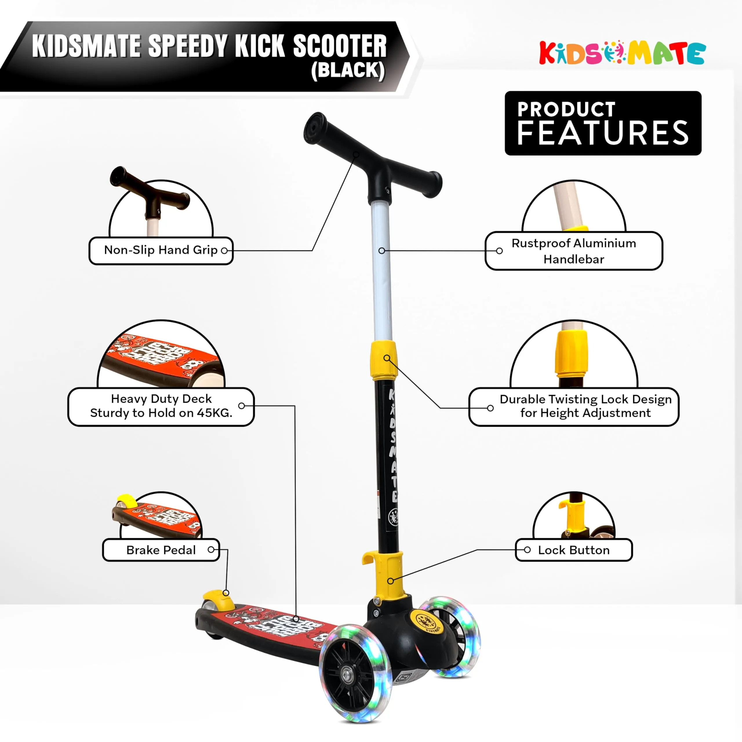 Kidsmate Speedy Kick Scooter for Kids (ISI Certified) with LED Wheel Lights, Height Adjustable Handlebar & Foldable Design & Rear Brakes for Kids of Age 3  Years (Black)