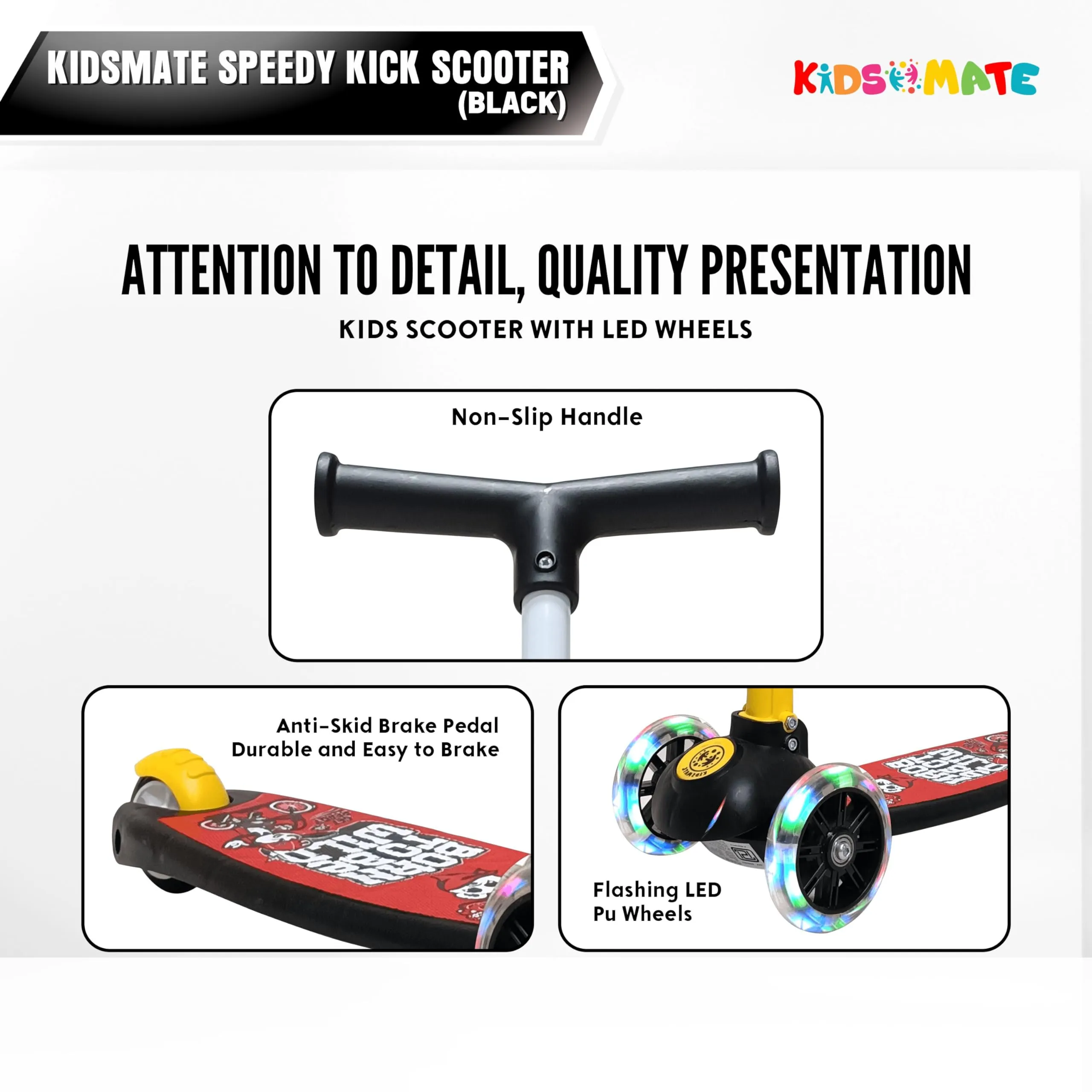 Kidsmate Speedy Kick Scooter for Kids (ISI Certified) with LED Wheel Lights, Height Adjustable Handlebar & Foldable Design & Rear Brakes for Kids of Age 3  Years (Black)