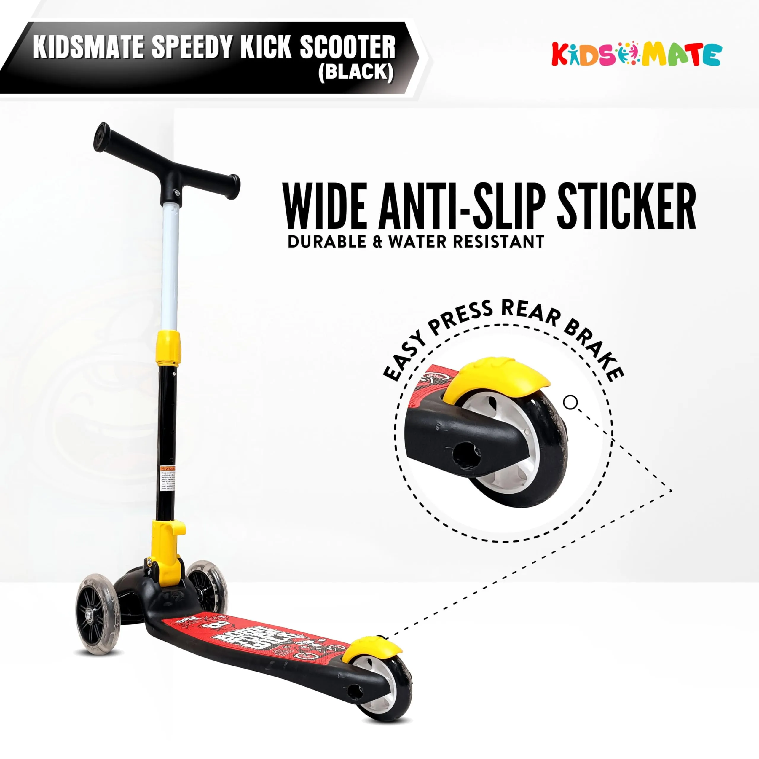 Kidsmate Speedy Kick Scooter for Kids (ISI Certified) with LED Wheel Lights, Height Adjustable Handlebar & Foldable Design & Rear Brakes for Kids of Age 3  Years (Black)