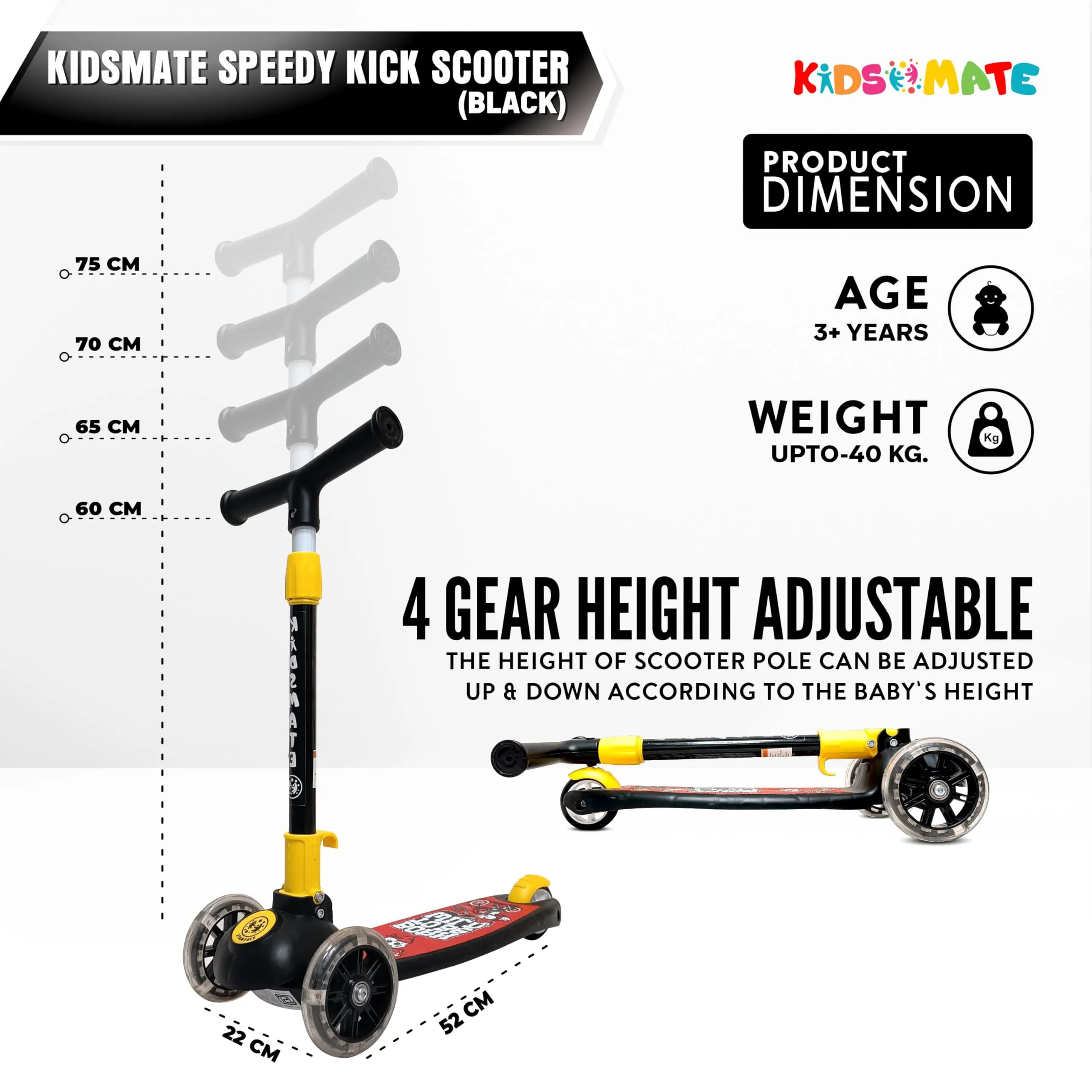 Kidsmate Speedy Kick Scooter for Kids (ISI Certified) with LED Wheel Lights, Height Adjustable Handlebar & Foldable Design & Rear Brakes for Kids of Age 3  Years (Black)