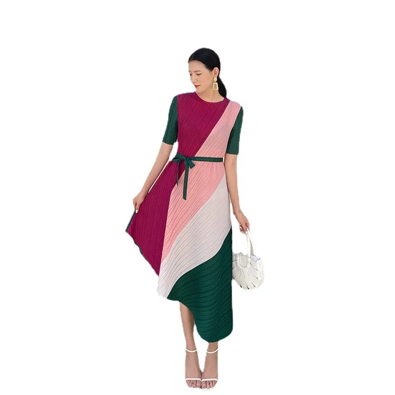 Miyake Pleated Color Block Asymmetric Midi Dress