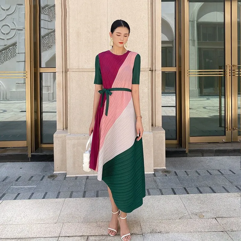 Miyake Pleated Color Block Asymmetric Midi Dress