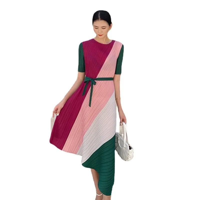 Miyake Pleated Color Block Asymmetric Midi Dress