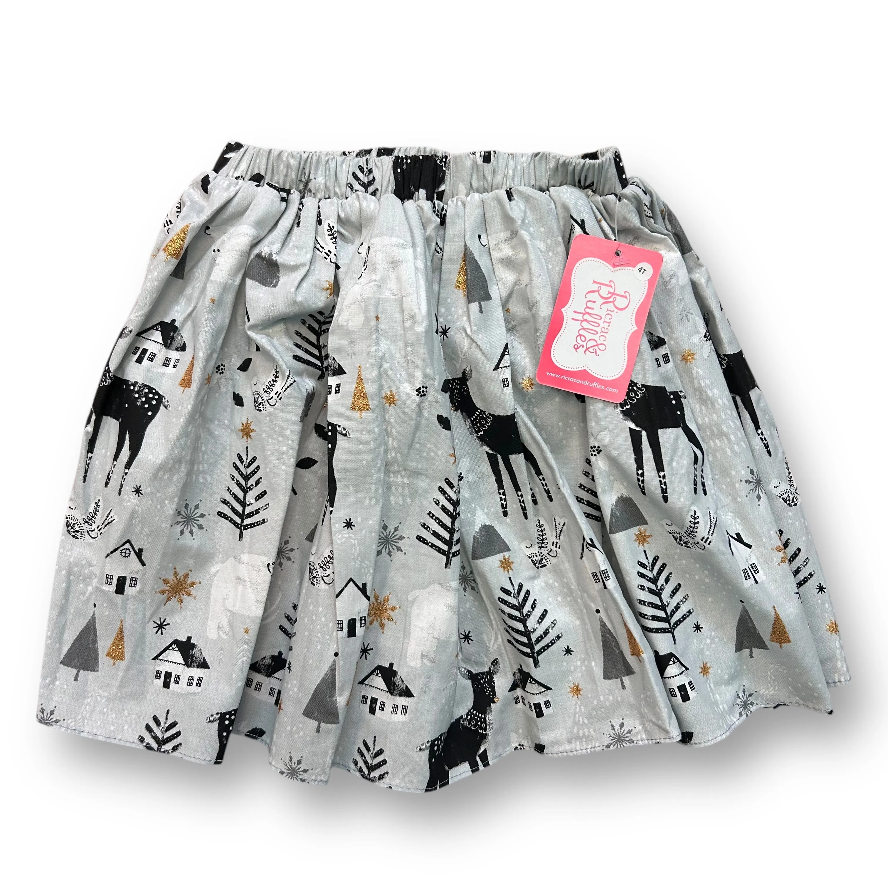 NEW! Girls Ricrac & Ruffles Size 4T Gray Christmas Reindeer Boutique Skirt