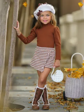 OOTD-Ready Brown Turtleneck Top and Houndstooth Skort Set