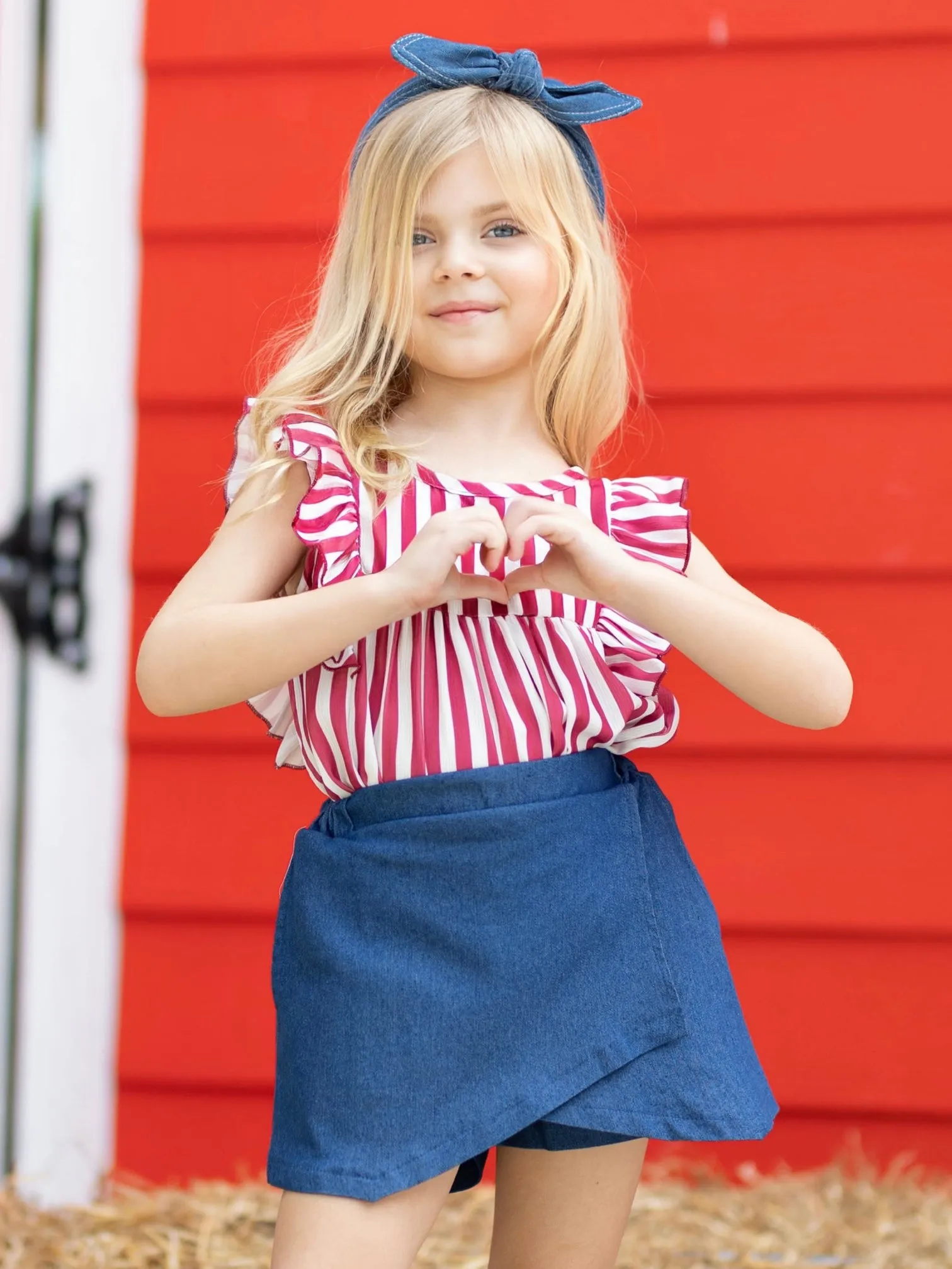 Patriotic Red Striped Top and Blue Skort Set