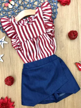 Patriotic Red Striped Top and Blue Skort Set