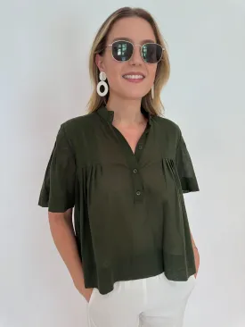 Pleated Button-Up Blouse - Military