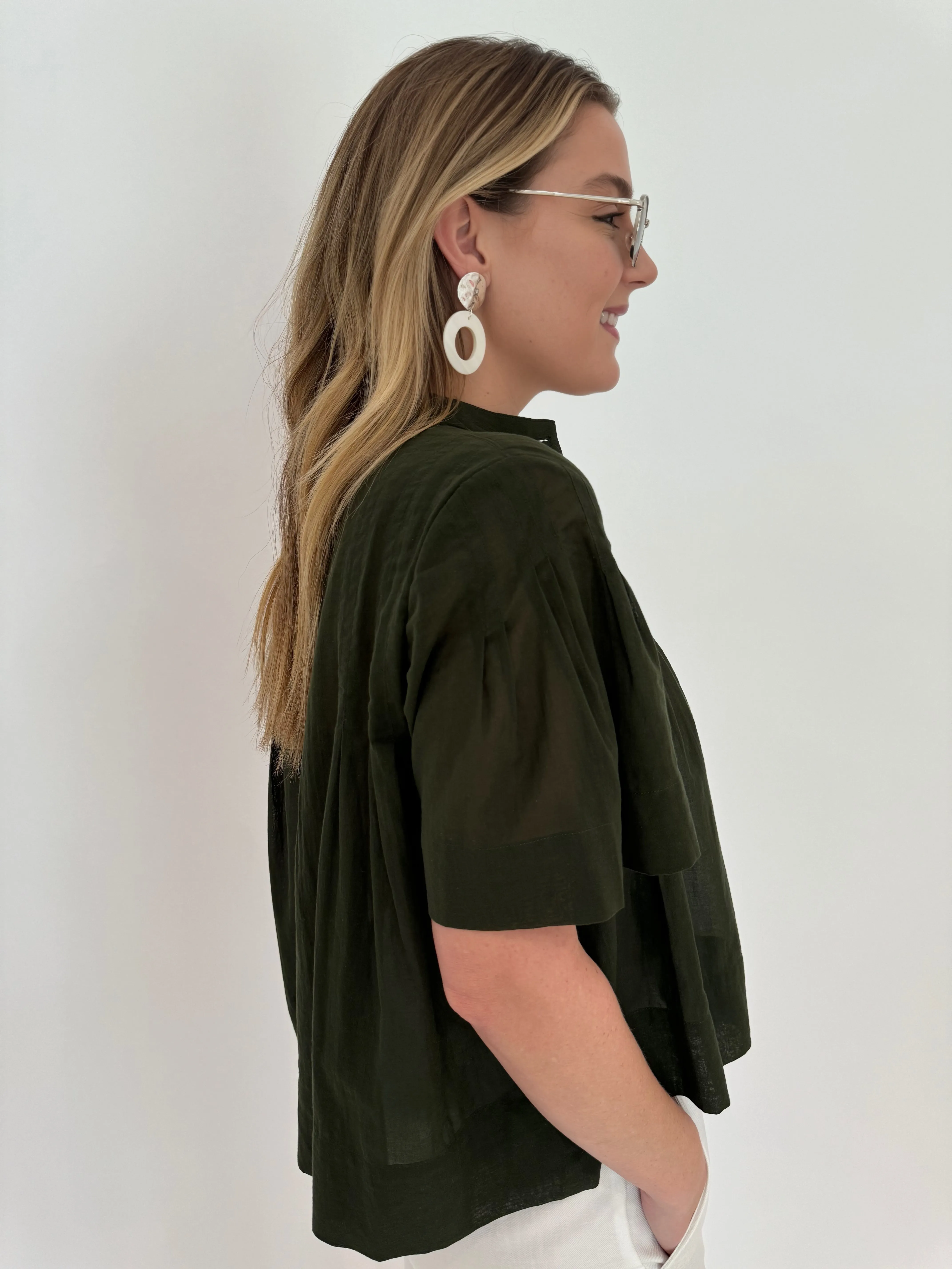 Pleated Button-Up Blouse - Military