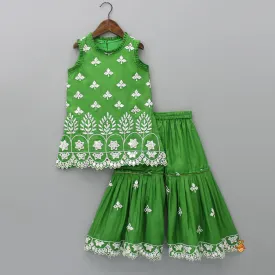 Pre Order: Beautiful Faux Mirror Work Green Kurti And Pleated Sharara