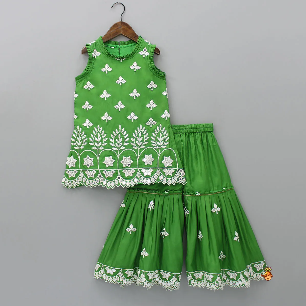 Pre Order: Beautiful Faux Mirror Work Green Kurti And Pleated Sharara