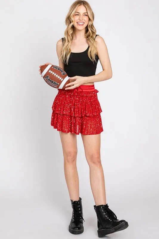 Red Sequence Ruffle Skort