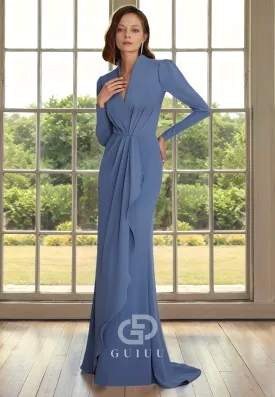 Sheath V Neck Long Sleeves Pleated Ruffles Back Zipper Mother of Bride Dress