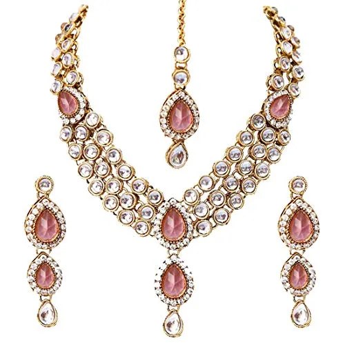 Shining Diva Fashion Gold Plated Pink Kundan Traditional Necklace Jewellery Set for Women & Girls(8647s)