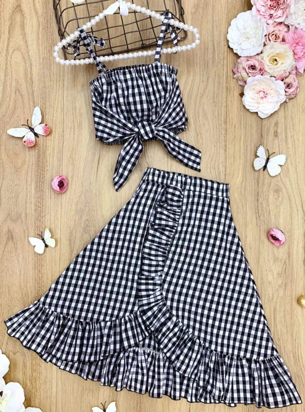 Sweet Moment Plaid Ruffle Wrap Skirt Set