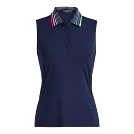 Womens Pleated Rib Contrast Collar Silky Tech Nylon Sleeveless Polo Twilight - AW23